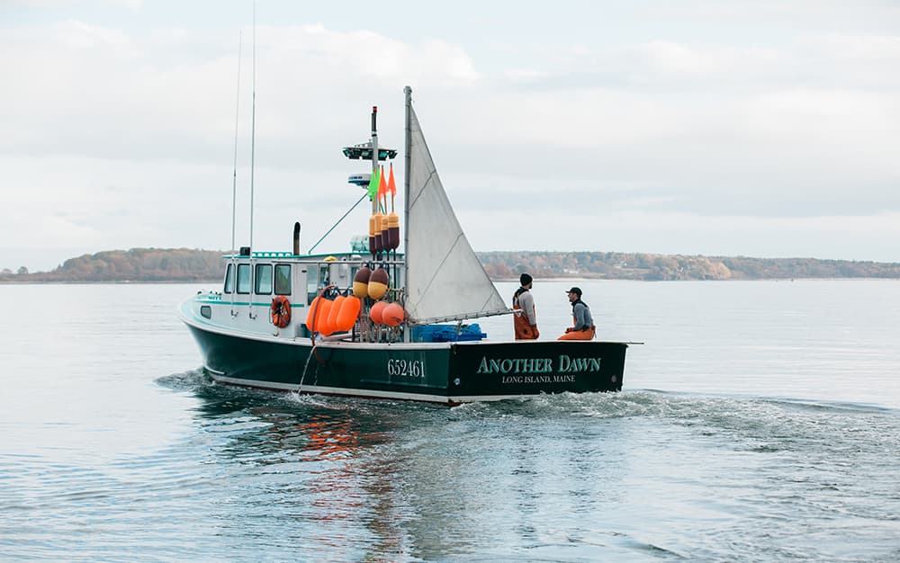 A photo of the back of a lobster boat underway, with Cousins Maine Lobster founders Jim and Sabin sitting on the back, chatting.